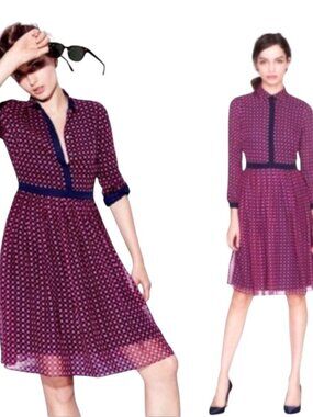 J. Crew Silk Pink Navy Houndstooth Print Long Sleeve Shirt Dress
